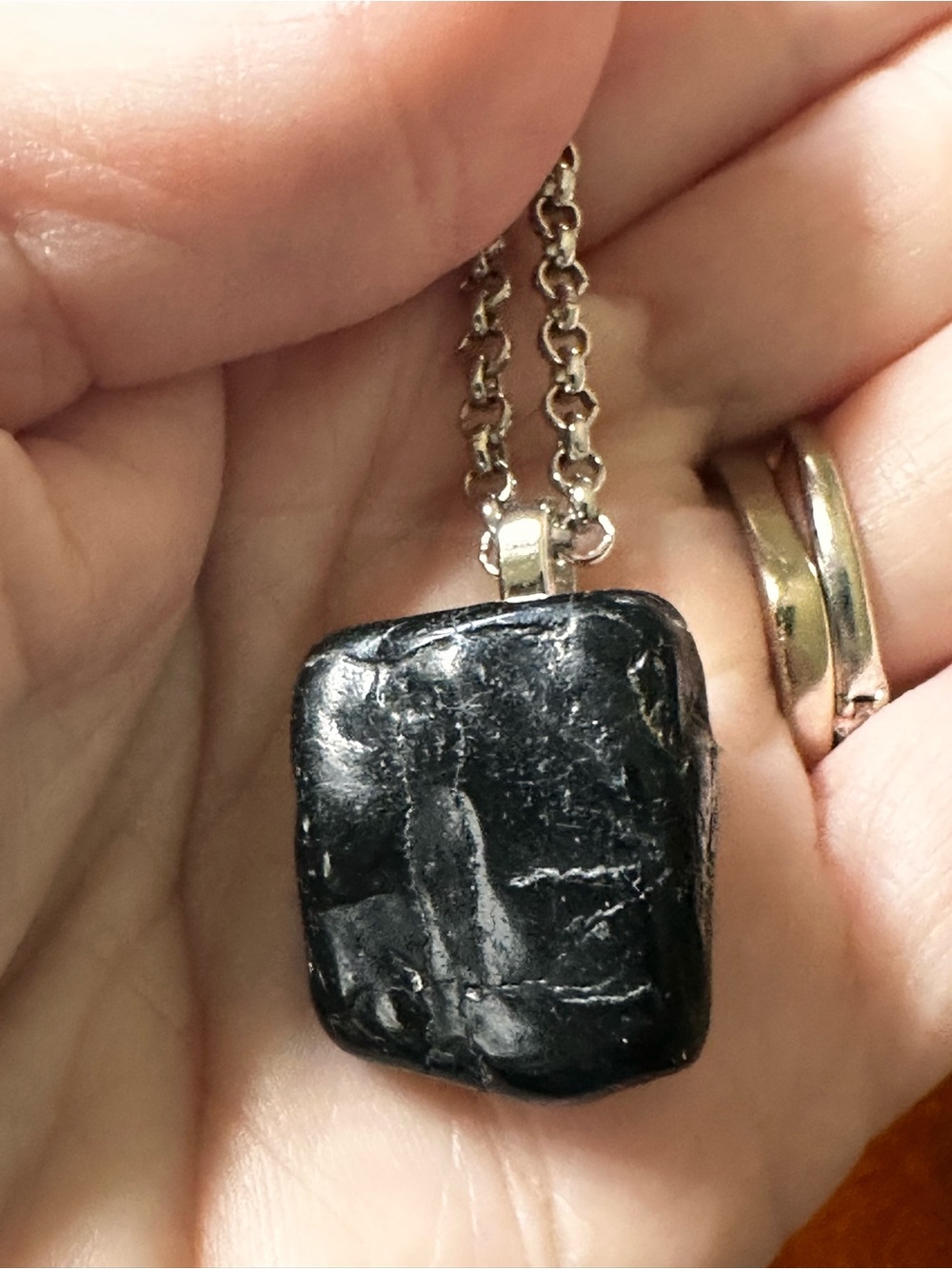 Black Tumbled Stone Pendant with silver chain Necklace